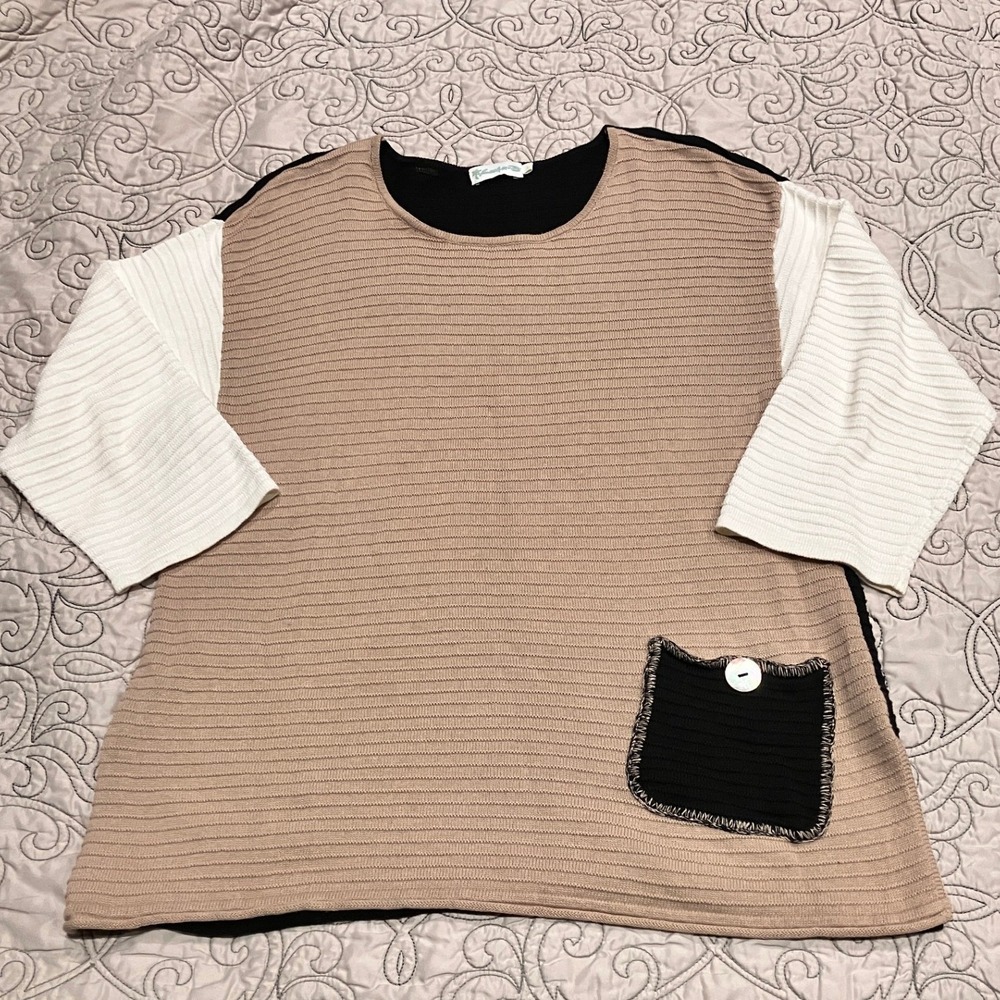 Lulu-B Womens L Colorblock Ribbed Knit Top Tan Black White Cotton 3/4 Sleeve L